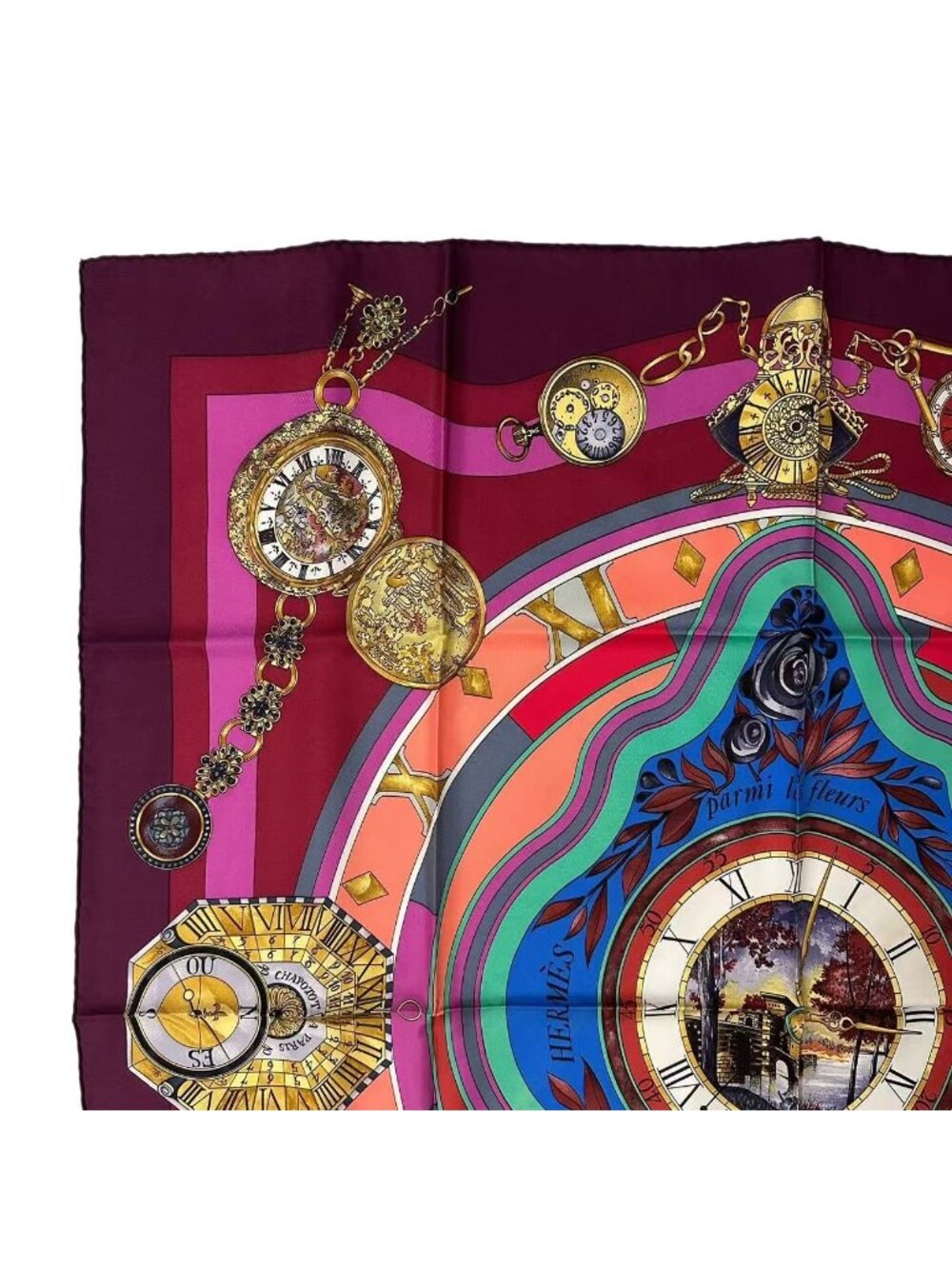 Hermes Silk Carre 90 Parmi les Fleurs Je Compte les Heures Time Spent - Picture 2 of 8